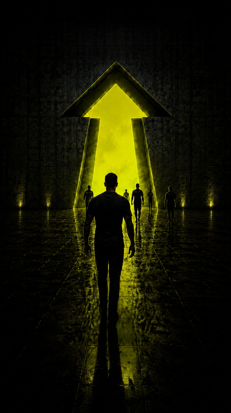Participantes entrando em um portal monumental em formato de seta Level Up